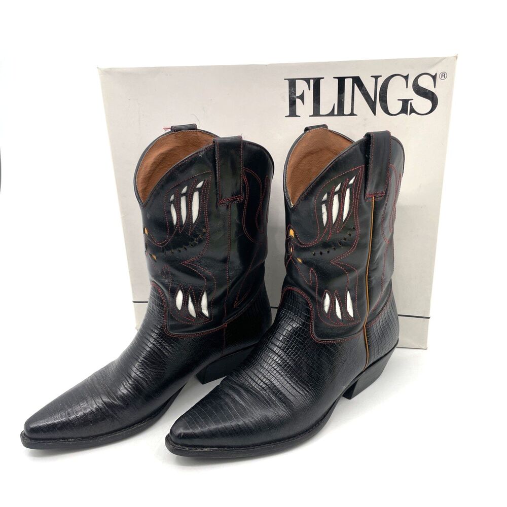 VTG Flings Lasso Lizard Boots Western Womens 8M Cowgirl Black Red Stitch Cutouts